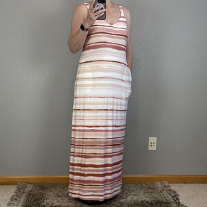 Soma Weekend Soft Jersey V-Neck Maxi Bra Dress Size L Pink Stripe Pockets Beach